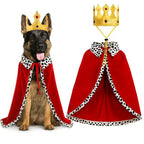German Shepherd wearing the dog king costume cape and crown, with the crown shown separately alongside
