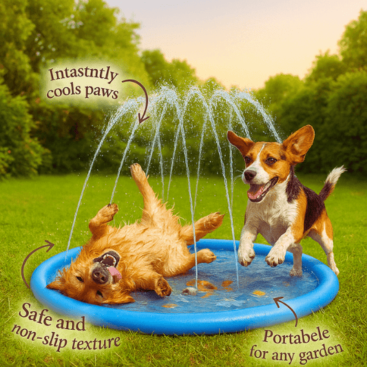 Wet dog laying belly-down on a splash pad, smiling and relaxed.
