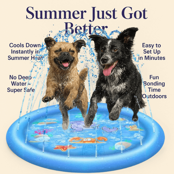 Outdoor scene showing a dog enjoying a dog sprinkler pad on a hot day.