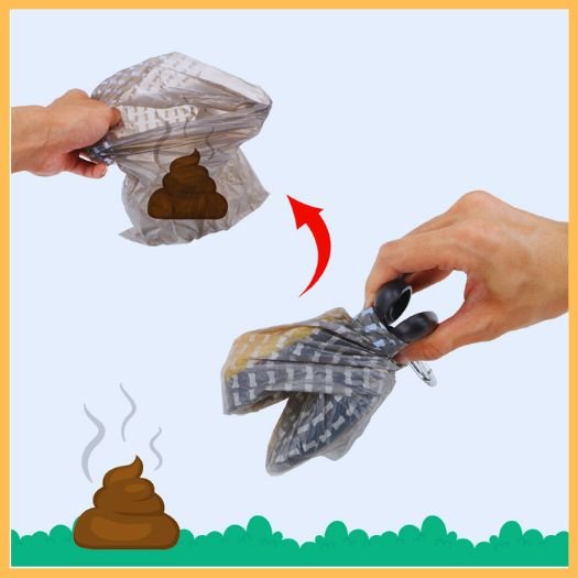Dog poop scooper tool collecting pet waste with plastic bag outdoors