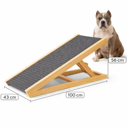 adjustable pet stairs size reference — large Staffy beside 100 cm pine wood dog ramp