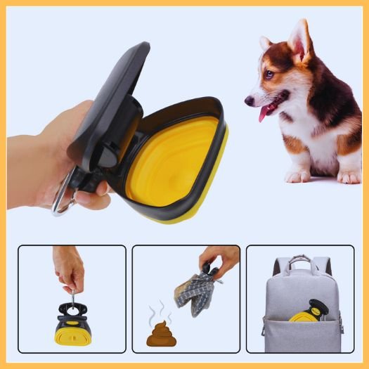 Portable dog poop scooper demo with yellow scoop, backpack clip, and Corgi in background