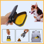 Portable dog poop scooper demo with yellow scoop, backpack clip, and Corgi in background
