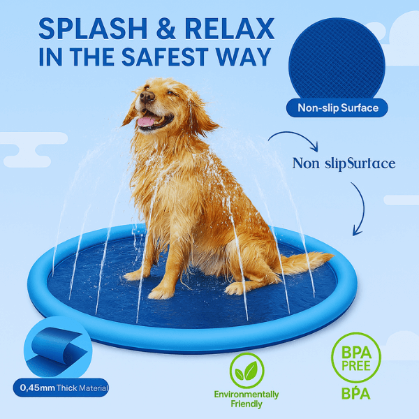 Dog calmly cooling down on a summer cooling mat for dogs.