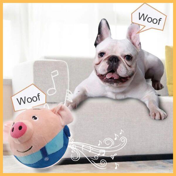 French bulldog on sofa with pig-shaped dog toy, stress relief dog toy for playful pets