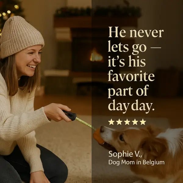 Dog tug toy customer review from a dog mom in Belgium by the fireplace