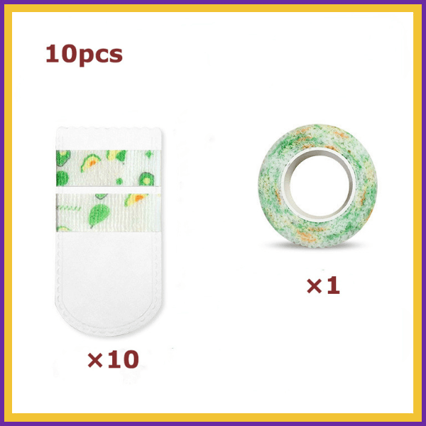 Drypaws 10pcs set with 10 patterned pet adhesive pads and 1 green bandage roll.
