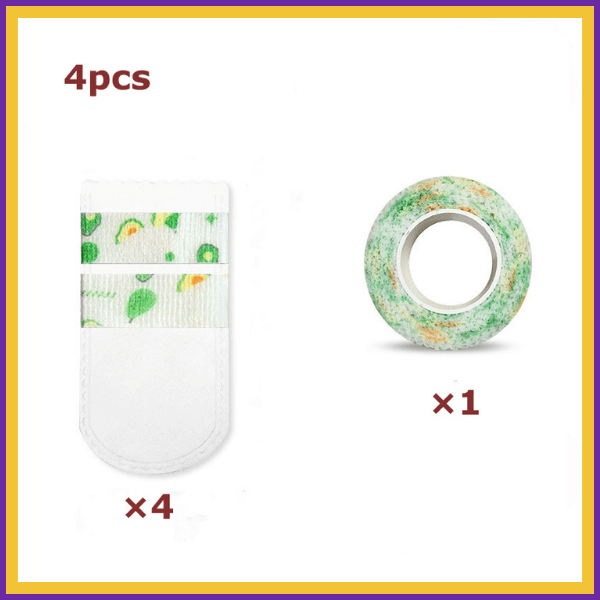 Set of 4 white and green-patterned dog shoes with 1 roll of green tape on white background