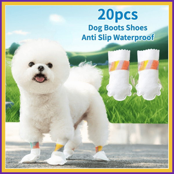White dog wearing anti slip waterproof dog boots shoes outdoors, product display, 20pcs pack.