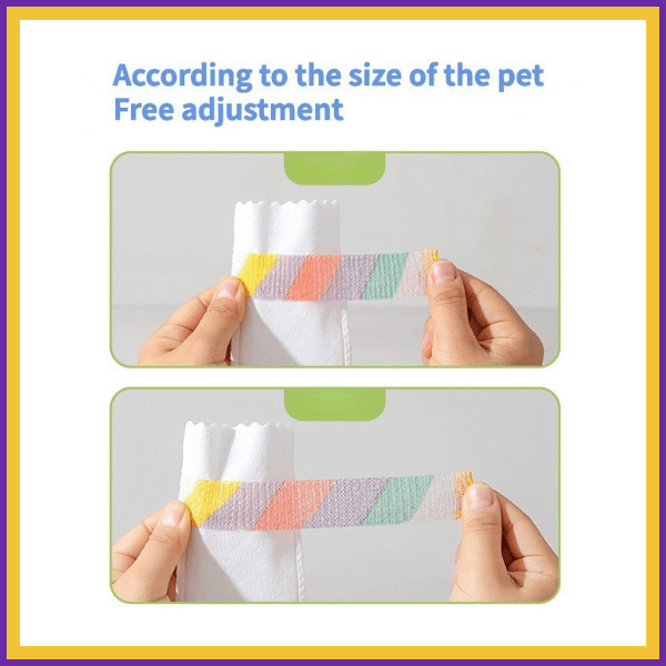 Hands adjust colorful DryPaws pet diaper strap for custom fit, free adjustment feature shown.