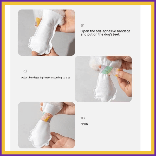 Step-by-step instructions for applying DryPaws self-adhesive bandage on dog paw