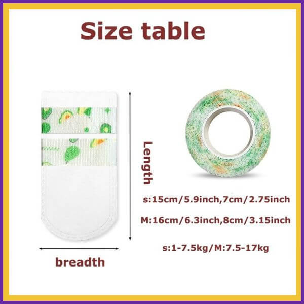 DryPaws size chart showing measurements in cm and inches for S and M, with product images.