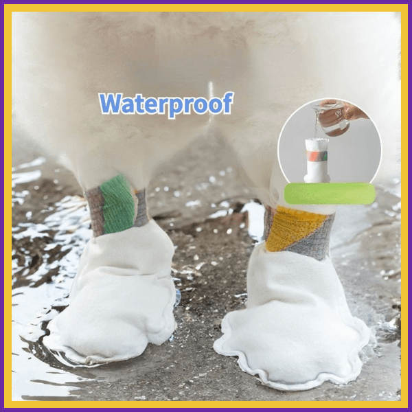 Waterproof dog shoes on dog paws, protecting from water with cute white design.