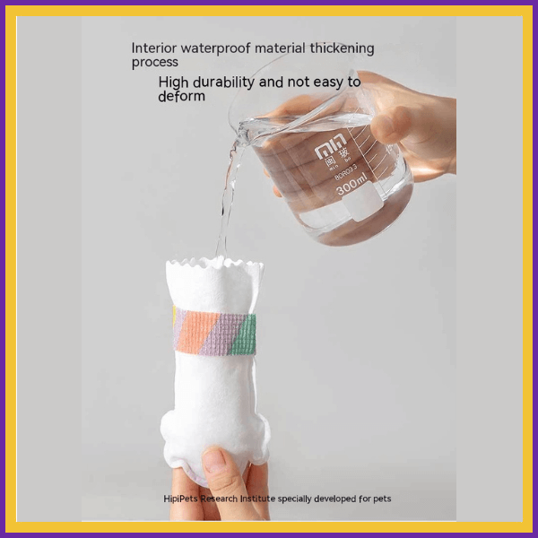 Pouring water on a waterproof, durable pet toy with white fabric and colorful band.