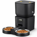 Black timed pet food dispenser 8L with twin bowls for dogs and cats