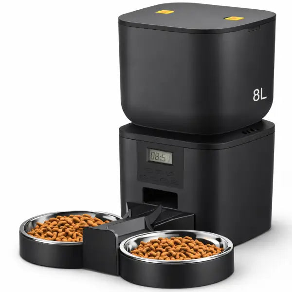 Black timed pet food dispenser 8L with twin bowls for dogs and cats