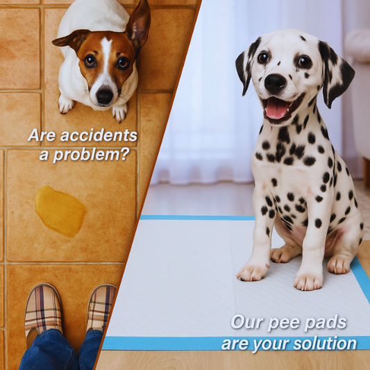 Split image showing dog urine on tile floor on the left and a happy Shiba Inu next to a clean pee pad on the right.