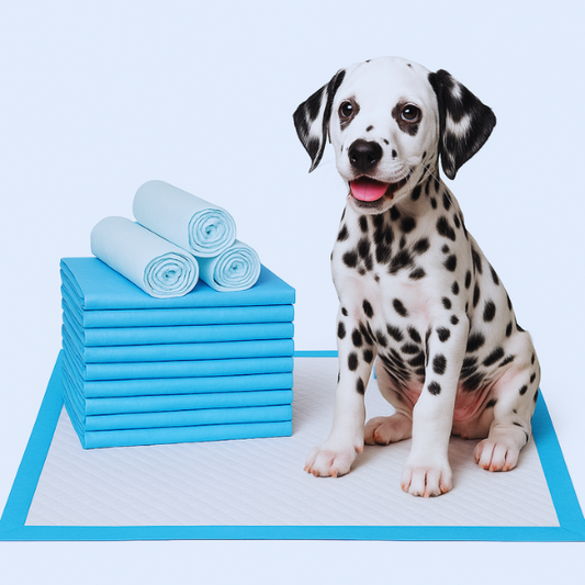 French bulldog beside a tall stack of blue pee pads for dogs, labeled 60x60cm, 100pcs, ideal for large breeds.