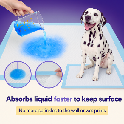 Blue liquid being poured onto EcoPeePad while Dalmatian sits calmly — fast absorption training pad prevents mess and wet paw prints.