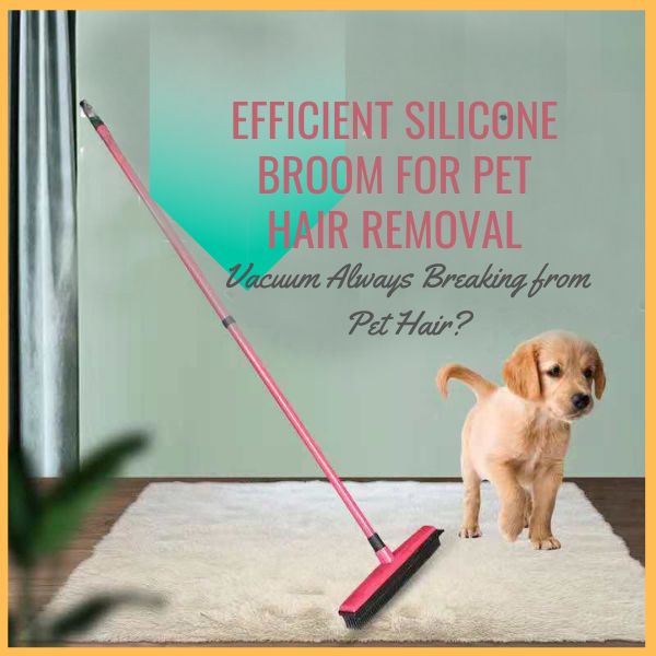 Silicone broom for pet hair removal on rug with puppy in modern living room