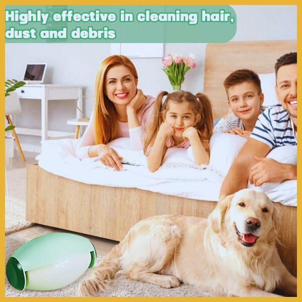 Family with golden retriever and lint roller in bright bedroom, pet hair cleaning concept