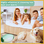 Family with golden retriever and lint roller in bright bedroom, pet hair cleaning concept