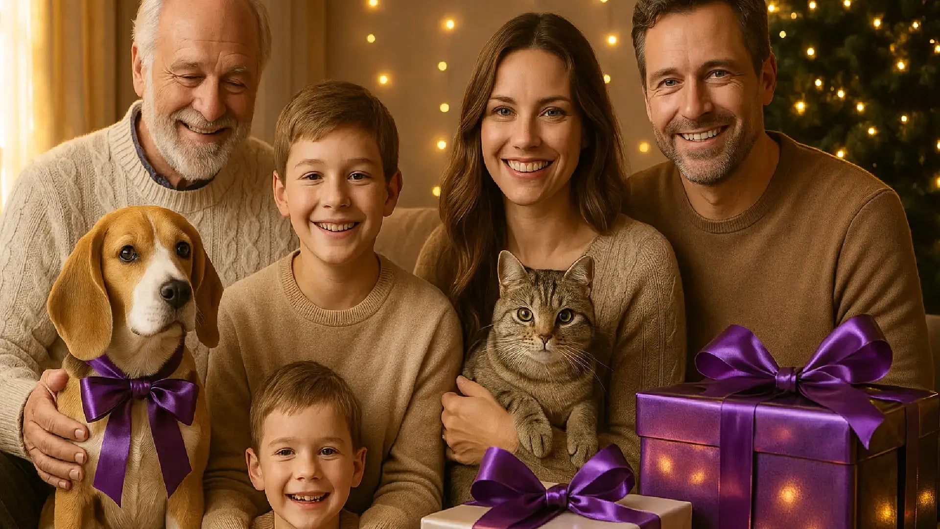 Happy family celebrating Christmas with a cat and a dog surrounded by purple ribbon gifts and warm festive lights