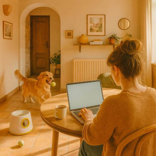 Golden retriever playing fetch indoors with the FetchPro ball launcher while its owner works at a laptop