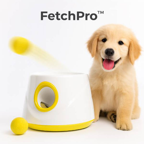 FetchPro automatic dog ball launcher firing a yellow ball beside a golden retriever puppy