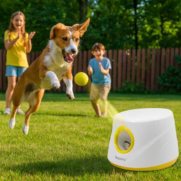 Family watching happy dog with FetchPro dog fetch toy