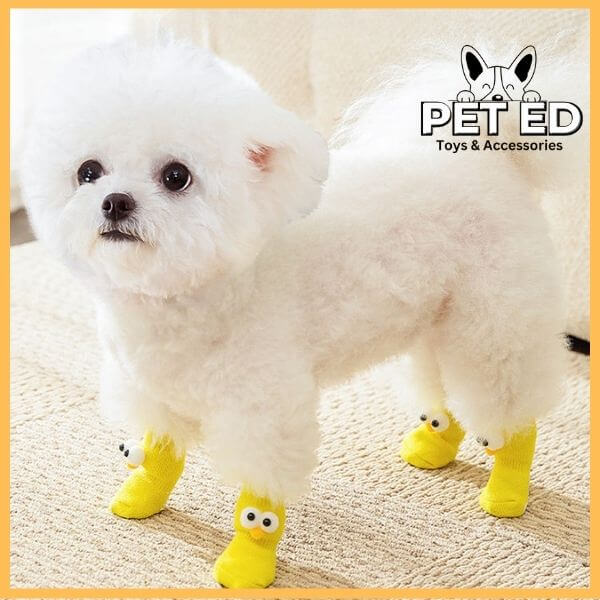 Fluffy white dog wearing yellow Sokpootjes winter socks on a cream couch