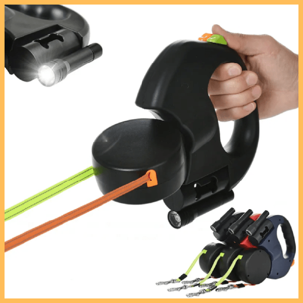 Four LeashMates dog leashes with built-in flashlight, multiple colored leads, ergonomic handle.