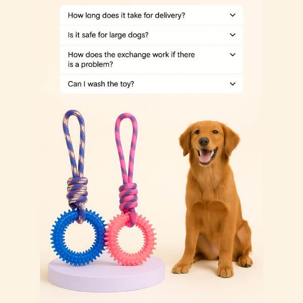 Ringy toy for dogs displayed with shipping and product information details.