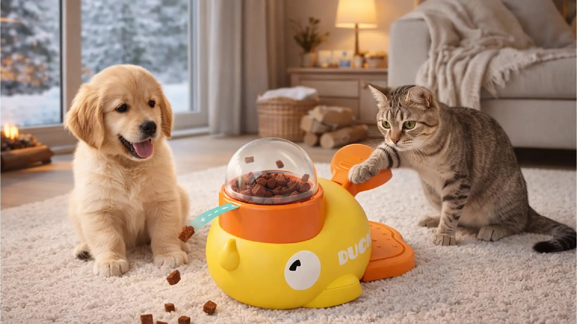 Dog and cat interacting with a FunBowl puzzle feeder for slow feeding and mental enrichment.