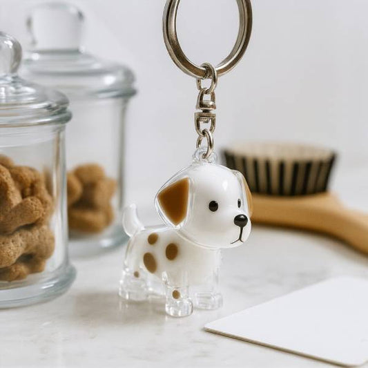Dog cat fur remembrance gift keychain styled on kitchen counter
