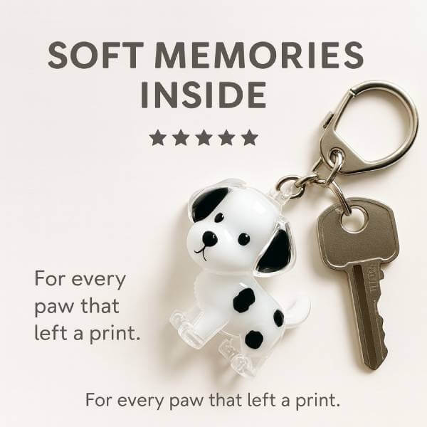 Dog cat fur remembrance gift keychain displayed with shop now CTA