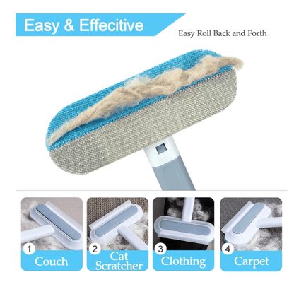 Easy and effective reusable pet hair remover brush shown removing fur from couch, cat scratcher, clothes and carpet – FurSweep Pro Pet Store ED