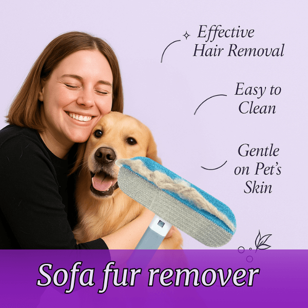 Woman hugging dog holding reusable sofa fur remover brush with benefits: effective hair removal, easy to clean, gentle on pet's skin – FurSweep Pro