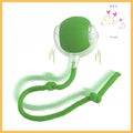 Green pet toy ball with rope for dogs and cats on white background, Pet Store logo in corner