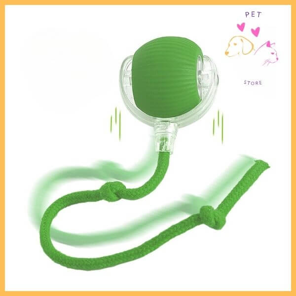 Green pet toy ball with rope for dogs and cats on white background, Pet Store logo in corner