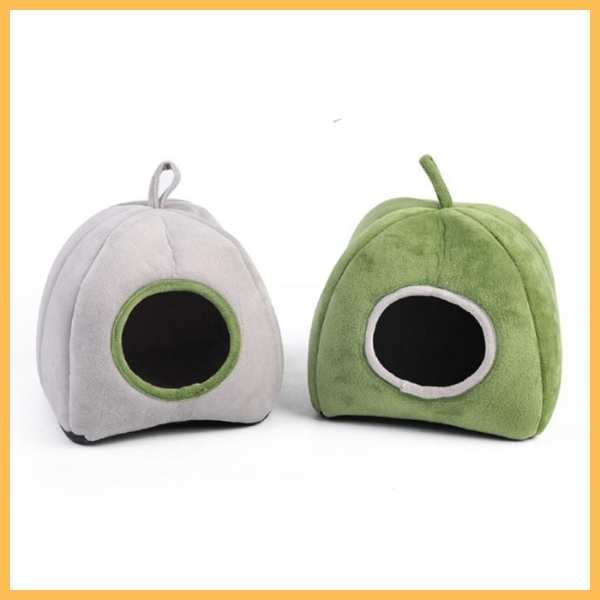 Green and gray plush hamster beds in two sizes with round openings, on white background