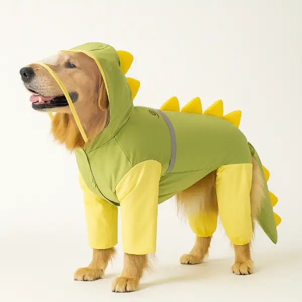 Full coverage dog raincoat with dinosaur design and safety fit