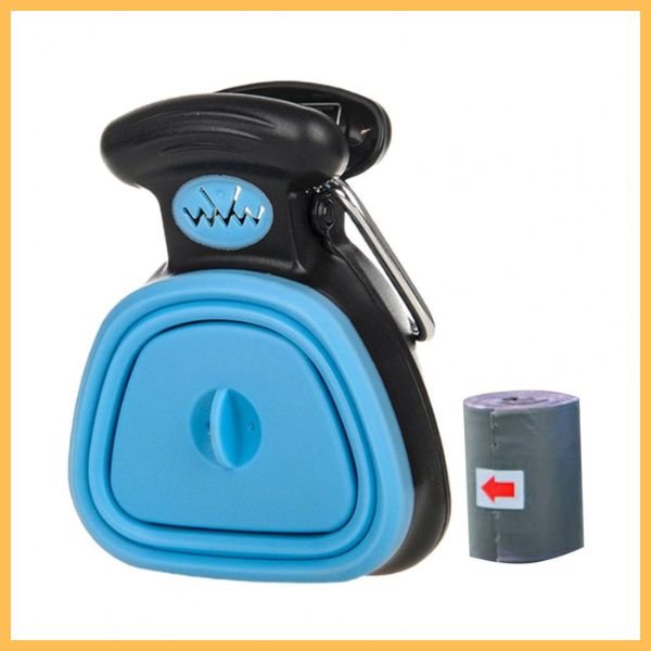 Blue and black dog poop scooper with waste bag roll, pet cleaning tool