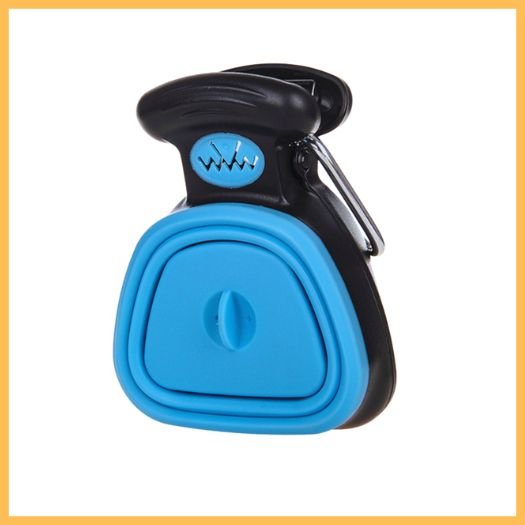 Blue and black grip dog poop scooper with compact design on white background