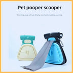 Grip dog poop scooper demonstration with blue and beige waste scoopers on white background