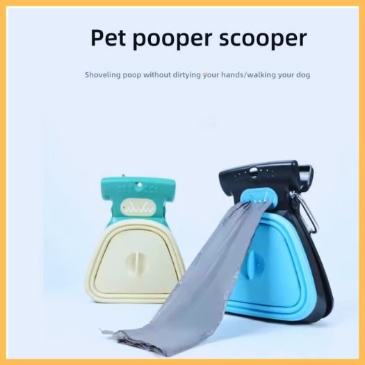 Grip dog poop scooper demonstration with blue and beige waste scoopers on white background