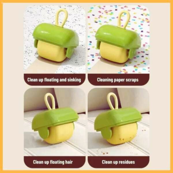 Green and yellow cleaning roller tool removing paper scraps, hair, and residues from surfaces
