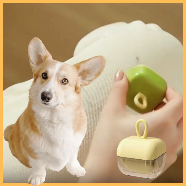 Mini pet hair roller cleaning sofa with Corgi and compact yellow lint remover case