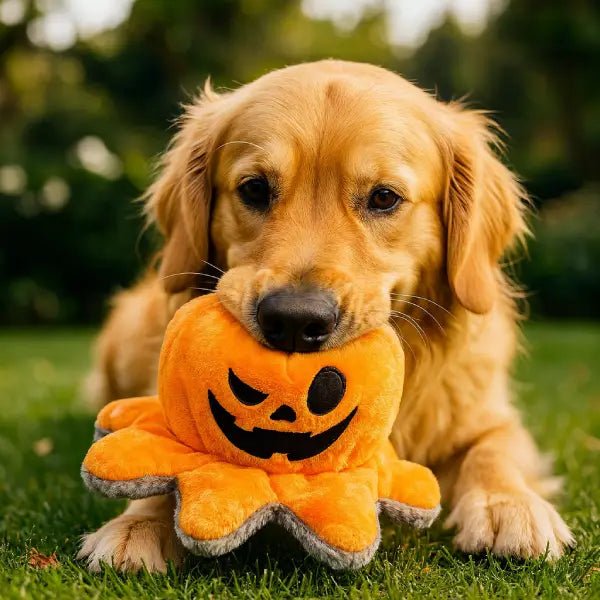 Golden Retriever holding the halloween dog toy by its pumpkin side in the grass