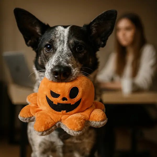 Dog holding the halloween dog toy pumpkin side indoors, with a person working in the background